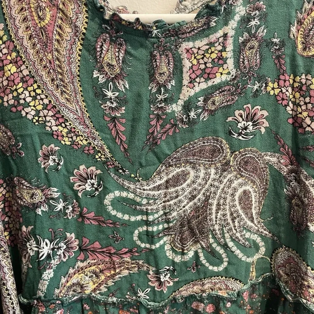 Wonderly Green Floral Women's Paisley Tiered Boho Top Sz 2X Tunic Dress Prairie
